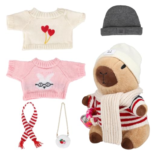 AQCQDQ Puppenbekleidung für 27cm Puppen mit Pullover und Zubehör, Simulation Capybara Plüschtier Mit 6pcs Kleidung Und Accessoires, Mini zarte Puppenkleidung Capybara Plüsch (#G) von AQCQDQ