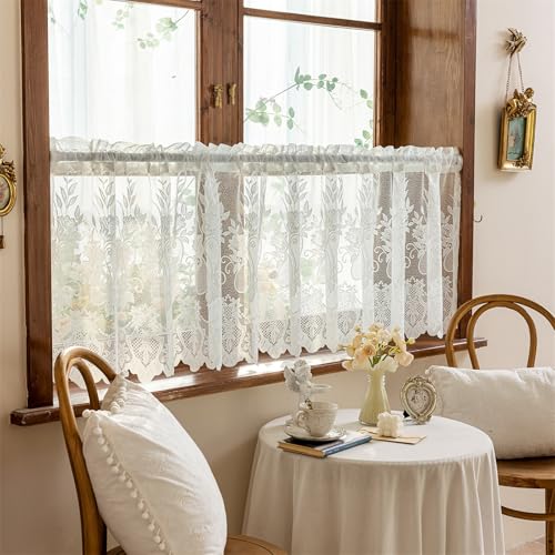 AQCQDQ Scheibengardinen, Vintage Spitze Halbtransparente Kurzgardine, Bistrogardine mit Blumen-Stickerei, Kurz Fenstervorhang für Küche, Wohnzimmer und Schlafzimmer (180 * 60 cm) von AQCQDQ