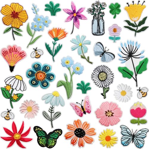 Aufnäher zum Aufbügeln Mit Blumen und Schmetterlingen, Patches zum Aufbügeln, Sonnenblume Biene Bestickte Aufnäher, 3D Blumen Applikationen für Kleidung, Rucksäcke, Hüte (32PCS) von AQCQDQ
