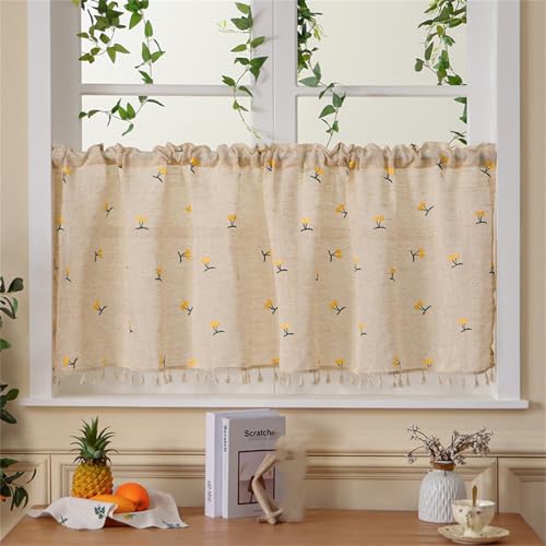 Bistro Gardine, Vorhang Küchenschrank, Kirsche Druck Leinen Scheibengardinen & Kurzstores, Bistrogardine Landhausstil Kurzgardine Vintage Modern Wohnmobil Kaffeehaus Gardinen (Gelb,BxH 150x60 cm) von AQCQDQ