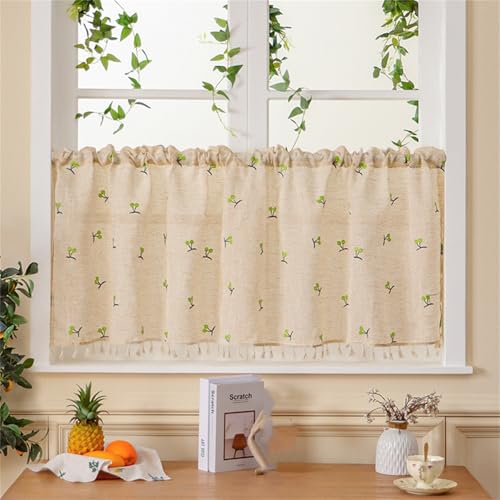 Bistro Gardine, Vorhang Küchenschrank, Kirsche Druck Leinen Scheibengardinen & Kurzstores, Bistrogardine Landhausstil Kurzgardine Vintage Modern Wohnmobil Kaffeehaus Gardinen (Grün,BxH 100x60 cm) von AQCQDQ