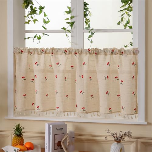 Bistro Gardine, Vorhang Küchenschrank, Kirsche Druck Leinen Scheibengardinen & Kurzstores, Bistrogardine Landhausstil Kurzgardine Vintage Modern Wohnmobil Kaffeehaus Gardinen (Rot,BxH 180x60 cm) von AQCQDQ