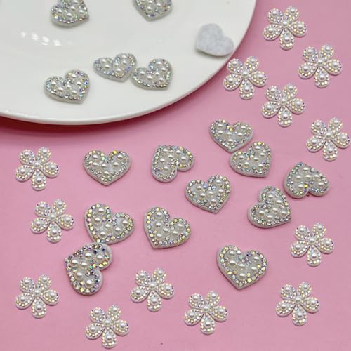 Blumen Liebe Patches Zum Aufbügeln, Blumen Strass Selbstklebend, Glänzende Strass-Patches Weiße Perlen Applikationen für Kleidung, Reparatur, DIY-Bastelbedarf (50PCS) von AQCQDQ