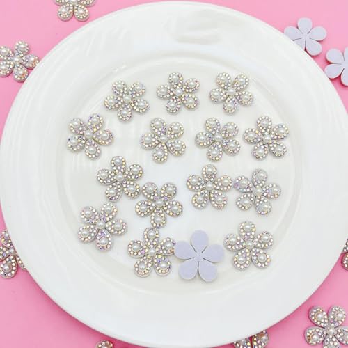 Blumen Liebe Patches Zum Aufbügeln, Blumen Strass Selbstklebend, Glänzende Strass-Patches Weiße Perlen Applikationen für Kleidung, Reparatur, DIY-Bastelbedarf (Blumen-30PCS) von AQCQDQ