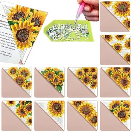 Diamond Painting Lesezeichen 12 Stück, Diamond Painting Schmetterling Sets, Diamantmalerei Lesezeichen, Stickerei Malerei Quaste Leder Lesezeichen Set (Sonnenblume,1) von AQCQDQ