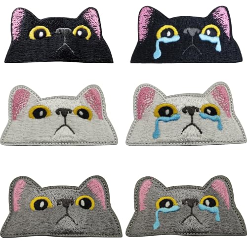 Katzen Patches zum Aufbügeln, Schwarze Katzen-Aufnäher, Patch Süße Katzen-Applikationsflicken, Katzenflicken auf Kleidung für Jungen, Mädchen, Jacken, Jeans, Rucksäcke (6PCS) von AQCQDQ