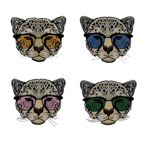 Leopard mit Brille Stoff Patches, Gepard-Aufnäher Stickte Abzeichen, Flicken zum Aufbügeln Aufnähen DIY Gestickter Patch für Kleidung, T-Shirt, Jeans, Jacke, Handtasche (13.5x14.5cm) von AQCQDQ