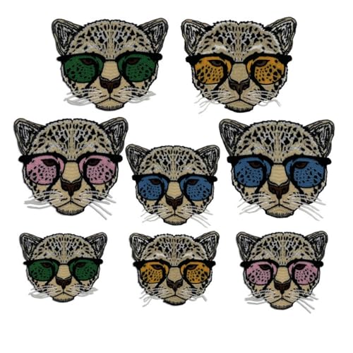 Leopard mit Brille Stoff Patches, Gepard-Aufnäher Stickte Abzeichen, Flicken zum Aufbügeln Aufnähen DIY Gestickter Patch für Kleidung, T-Shirt, Jeans, Jacke, Handtasche (8PCS) von AQCQDQ