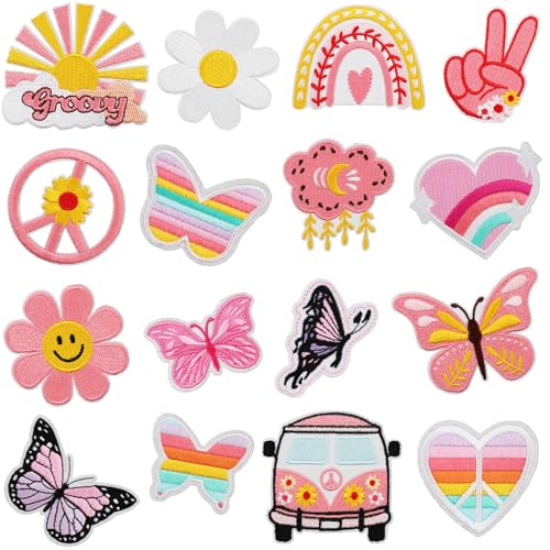 Rosa Aufnäher zum Aufbügeln für Mädchen, Patch Bestickt Pink Flicken Reparaturflicken DIY-Aufnäher für Kinderkleidung, Hosen, Rucksäcke, Hüte, Jeans (16PCS) von AQCQDQ