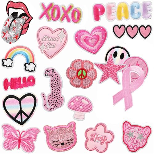Rosa Aufnäher zum Aufbügeln für Mädchen, Patch Bestickt Pink Flicken Reparaturflicken DIY-Aufnäher für Kinderkleidung, Hosen, Rucksäcke, Hüte, Jeans (20PCS) von AQCQDQ