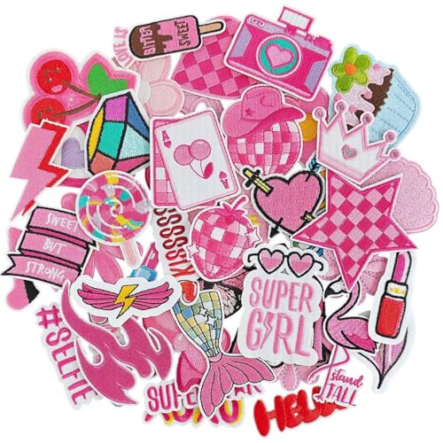 Rosa Aufnäher zum Aufbügeln für Mädchen, Patch Bestickt Pink Flicken Reparaturflicken DIY-Aufnäher für Kinderkleidung, Hosen, Rucksäcke, Hüte, Jeans (43PCS) von AQCQDQ