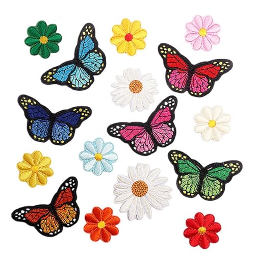 Schmetterling Patches zum Aufbügeln, Blume Schmetterling Aufnäher Kinder, Bestickte Aufnäher Blume, Bügelbilder für Textilien- für Kleidung, Rucksäcke, Hüte, DIY-Zubehör (16PCS) von AQCQDQ