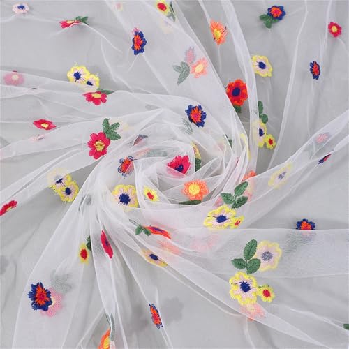 Tüll Meterware, Bestickter Spitzen Tüllstoff, Bunte Gänseblümchen Blumen Stickerei Tüll, Weiß Tüllstoff Breite Organza Stoff Tüll Dekostoff Dekoband, DIY Farbig Tutu-Röcke (1.3x0.9 m,#1) von AQCQDQ