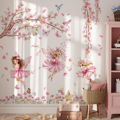 Wandsticker Mädchen Blumen Wandtattoo Rosa Feen Elfen Schmetterling, Blume Fee Wandaufkleber Buntes Pflanze Selbstklebend Wanddeko für Kinderzimmer Babyzimmer Wohnzimmer (2Set) von AQCQDQ