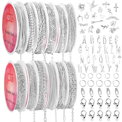 Silberkette zur Schmuckherstellung, 2,5 m, 12 Rollen, Schmuckketten mit silbernen Buchstaben-Anhängern für Frauen, DIY-Halsketten, Armbänder, Zubehör mit Biegeringen, Karabinerverschlüssen von AQNJC