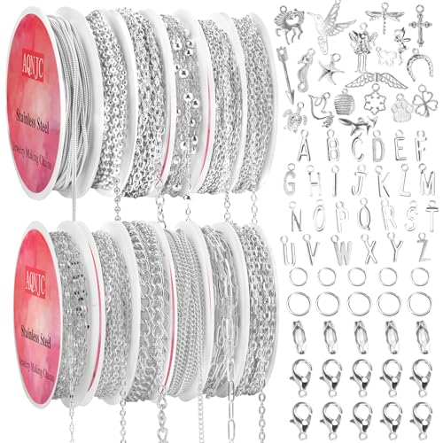 Silberkette zur Schmuckherstellung, 2,5 m, 12 Rollen, Schmuckketten mit silbernen Buchstaben-Anhängern für Frauen, DIY-Halsketten, Armbänder, Zubehör mit Biegeringen, Karabinerverschlüssen von AQNJC