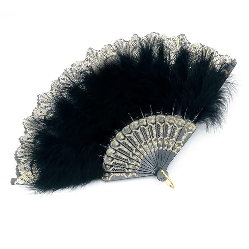AQSQWQ Damen Fächer Feder, Federfächer, Feather Fan, Vintage Style Folding Handheld Feather Fan, Flapper-Handfächer für Kostüme, Halloween, Tanzen, Hochzeit, Party, Abschlussball, Teeparty – Schwarz von AQSQWQ