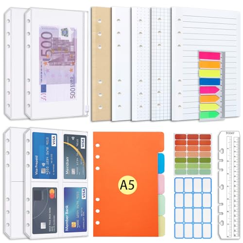 AQTAQ A5 Papier Nachfüllpapier Set 6-Loch A5 Nachfüllbare Haftnotizen 100 Blatt/200 Seiten Farbige Trennblätter Farbige Haftnotizen Lineal Umschlagtasche Für 6-Ring-Binder Tagebuch Notizbücher von AQTAQ