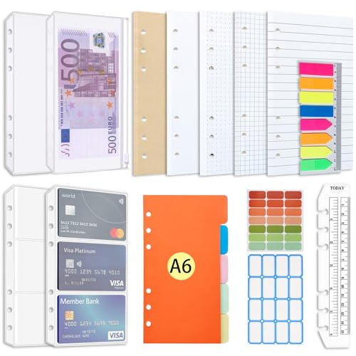 AQTAQ A6 Papier Nachfüllpapier Set 6-Loch A6 Nachfüllbare Haftnotizen 100 Blatt/200 Seiten Farbige Trennblätter Farbige Haftnotizen Lineal Umschlagtasche Für 6-Ring-Binder Tagebuch Notizbücher von AQTAQ