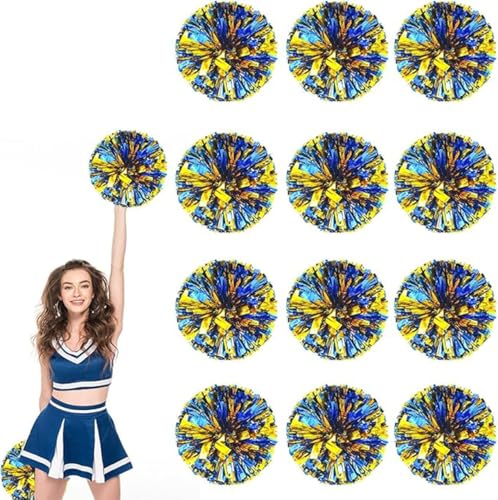 12pcs Metallic Cheerleading Pom Poms, Cheerleader Poms mit Schlägergriff, für Schule Tanz Sport Team Geist Jubeln (Blaues Gold) von AQYSHU