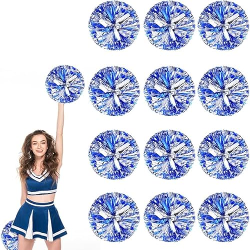 12pcs Metallic Cheerleading Pom Poms, Cheerleader Poms mit Schlägergriff, für Schule Tanz Sport Team Geist Jubeln (Blaues Silber) von AQYSHU