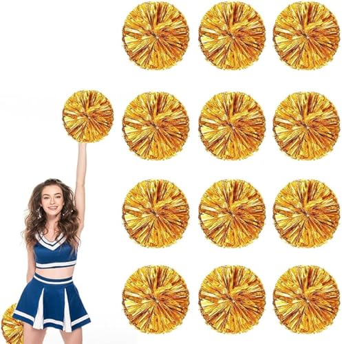 12pcs Metallic Cheerleading Pom Poms, Cheerleader Poms mit Schlägergriff, für Schule Tanz Sport Team Geist Jubeln (Gold) von AQYSHU