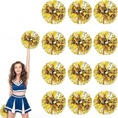 12pcs Metallic Cheerleading Pom Poms, Cheerleader Poms mit Schlägergriff, für Schule Tanz Sport Team Geist Jubeln (Gold und Silber) von AQYSHU