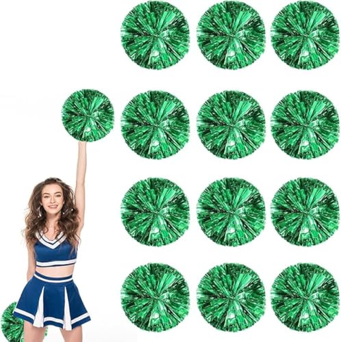 12pcs Metallic Cheerleading Pom Poms, Cheerleader Poms mit Schlägergriff, für Schule Tanz Sport Team Geist Jubeln (Grün) von AQYSHU