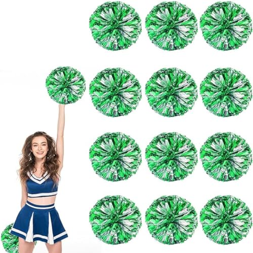 12pcs Metallic Cheerleading Pom Poms, Cheerleader Poms mit Schlägergriff, für Schule Tanz Sport Team Geist Jubeln (Grün Silber) von AQYSHU