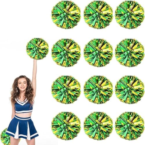 12pcs Metallic Cheerleading Pom Poms, Cheerleader Poms mit Schlägergriff, für Schule Tanz Sport Team Geist Jubeln (Grünes Gold) von AQYSHU