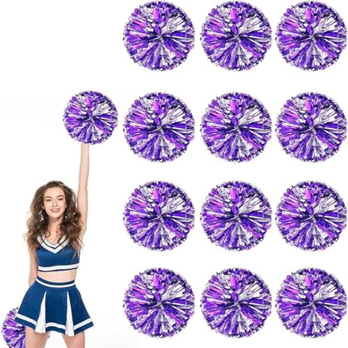 12pcs Metallic Cheerleading Pom Poms, Cheerleader Poms mit Schlägergriff, für Schule Tanz Sport Team Geist Jubeln (Lila Silber) von AQYSHU
