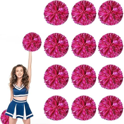 12pcs Metallic Cheerleading Pom Poms, Cheerleader Poms mit Schlägergriff, für Schule Tanz Sport Team Geist Jubeln (Rose rot) von AQYSHU