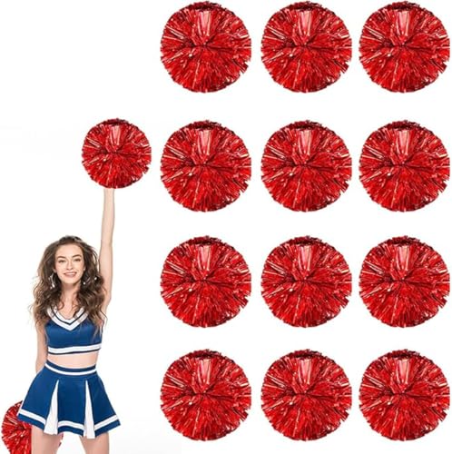 12pcs Metallic Cheerleading Pom Poms, Cheerleader Poms mit Schlägergriff, für Schule Tanz Sport Team Geist Jubeln (Rot) von AQYSHU