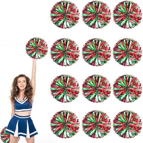 12pcs Metallic Cheerleading Pom Poms, Cheerleader Poms mit Schlägergriff, für Schule Tanz Sport Team Geist Jubeln (Rot grün) von AQYSHU