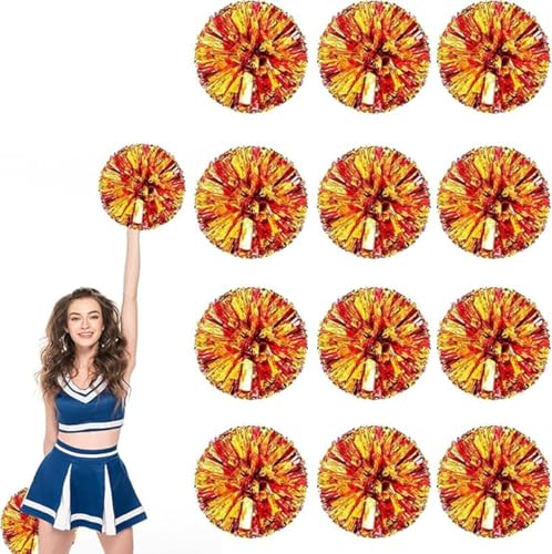 12pcs Metallic Cheerleading Pom Poms, Cheerleader Poms mit Schlägergriff, für Schule Tanz Sport Team Geist Jubeln (Rotes Gold) von AQYSHU
