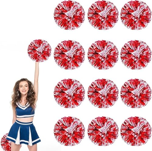 12pcs Metallic Cheerleading Pom Poms, Cheerleader Poms mit Schlägergriff, für Schule Tanz Sport Team Geist Jubeln (Rotes Silber) von AQYSHU