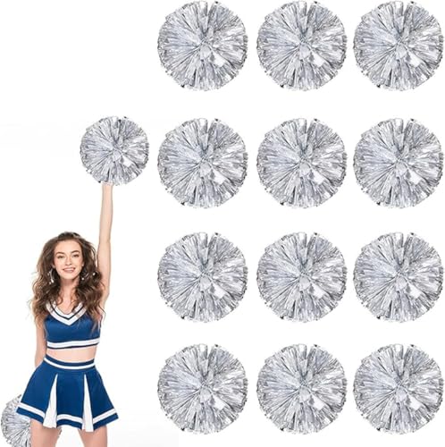 12pcs Metallic Cheerleading Pom Poms, Cheerleader Poms mit Schlägergriff, für Schule Tanz Sport Team Geist Jubeln (Silber) von AQYSHU
