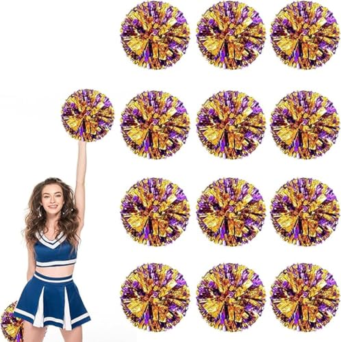 12pcs Metallic Cheerleading Pom Poms, Cheerleader Poms mit Schlägergriff, für Schule Tanz Sport Team Geist Jubeln (purpures Gold) von AQYSHU