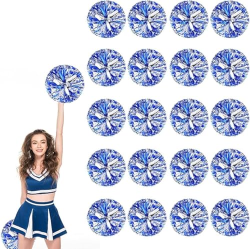 20pcs Metallic Cheerleading Pom Poms, Cheerleader Poms mit Schlägergriff, für Schule Tanz Sport Team Geist Jubeln (Blaues Silber) von AQYSHU