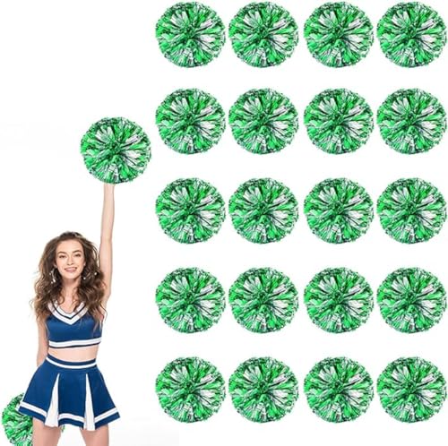 20pcs Metallic Cheerleading Pom Poms, Cheerleader Poms mit Schlägergriff, für Schule Tanz Sport Team Geist Jubeln (Grün +Silber) von AQYSHU