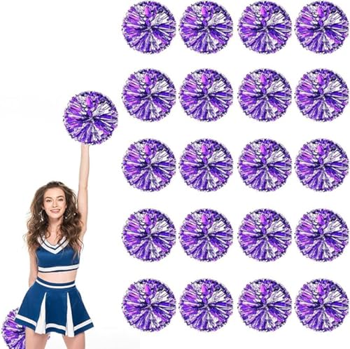 20pcs Metallic Cheerleading Pom Poms, Cheerleader Poms mit Schlägergriff, für Schule Tanz Sport Team Geist Jubeln (Lila Silber) von AQYSHU