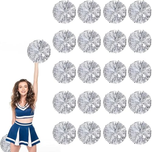 20pcs Metallic Cheerleading Pom Poms, Cheerleader Poms mit Schlägergriff, für Schule Tanz Sport Team Geist Jubeln (Silber) von AQYSHU