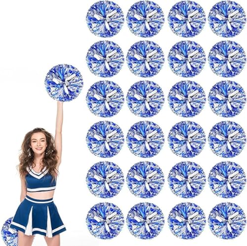 24pcs Metallic Cheerleading Pom Poms, Cheerleader Poms mit Schlägergriff, für Schule Tanz Sport Team Geist Jubeln (Blaues Silber) von AQYSHU