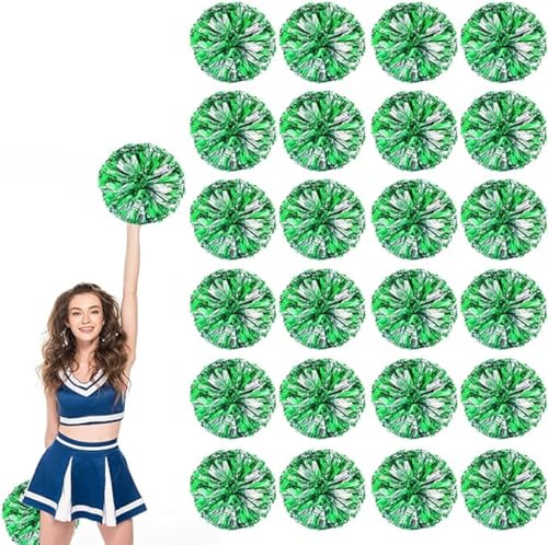 24pcs Metallic Cheerleading Pom Poms, Cheerleader Poms mit Schlägergriff, für Schule Tanz Sport Team Geist Jubeln (Grün Silber) von AQYSHU