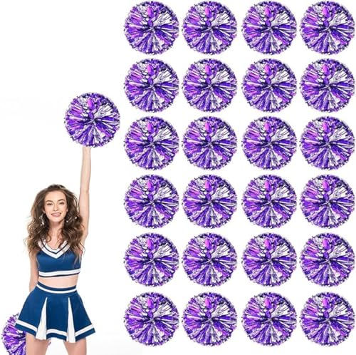 24pcs Metallic Cheerleading Pom Poms, Cheerleader Poms mit Schlägergriff, für Schule Tanz Sport Team Geist Jubeln (Lila Silber) von AQYSHU
