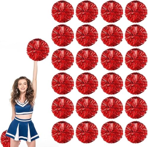24pcs Metallic Cheerleading Pom Poms, Cheerleader Poms mit Schlägergriff, für Schule Tanz Sport Team Geist Jubeln (Rot) von AQYSHU