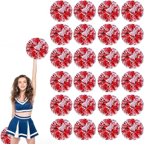 24pcs Metallic Cheerleading Pom Poms, Cheerleader Poms mit Schlägergriff, für Schule Tanz Sport Team Geist Jubeln (Rotes Silber) von AQYSHU