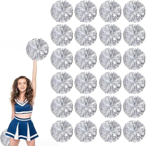 24pcs Metallic Cheerleading Pom Poms, Cheerleader Poms mit Schlägergriff, für Schule Tanz Sport Team Geist Jubeln (Silber) von AQYSHU