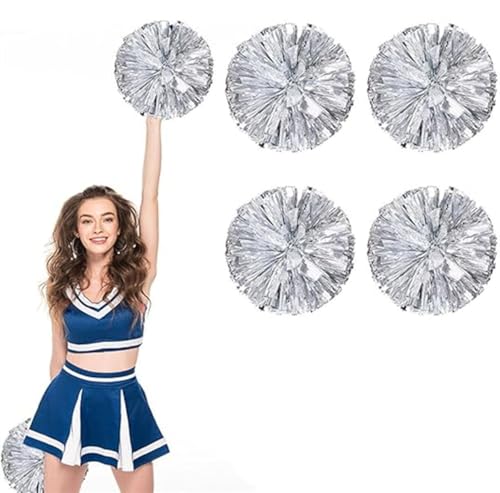 4pcs Metallic Cheerleading Pom Poms, Cheerleader Poms mit Schlägergriff, für Schule Tanz Sport Team Geist Jubeln (Silber) von AQYSHU