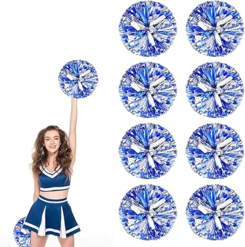 8pcs Metallic Cheerleading Pom Poms, Cheerleader Poms mit Schlägergriff, für Schule Tanz Sport Team Geist Jubeln (Blaues Silber) von AQYSHU